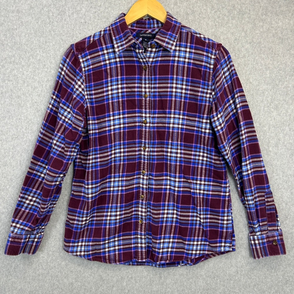 Lands' End Flannel Shirt Burgundy Purple Plaid Button Down Autumn Womens Size 8